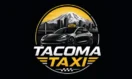 Tacoma Taxi logo featuring a modern black Tesla-style vehicle, Mount Rainier, Tacoma skyline, and bridge elements in black, white, and gold colors.